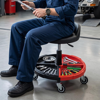 150 KG Max Weight Capacity 360° Rolling Mechanic Stool with Tool Storage Tray Backrest