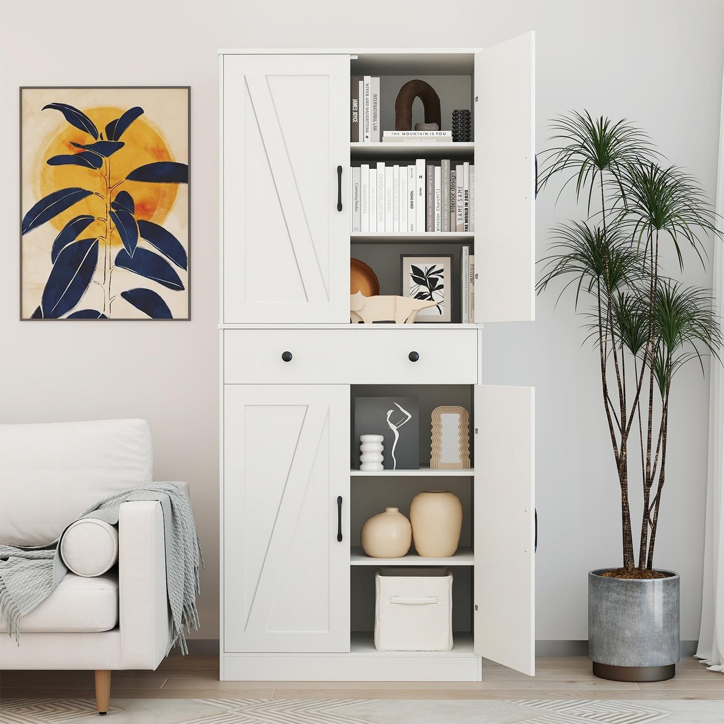 183cm Tall Kitchen Pantry with 4 Barn Doors and 3 Adjustable Shelves
