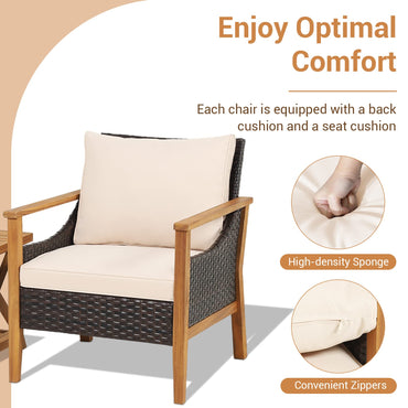 3 PCS Acacia Wood Garden Table and Chairs Patio Sofa Set with Coffee Table and Cushions