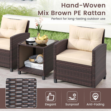 3 Piece Outdoor Patio Furniture Set with Glass Coffee Table and Storage Compartment