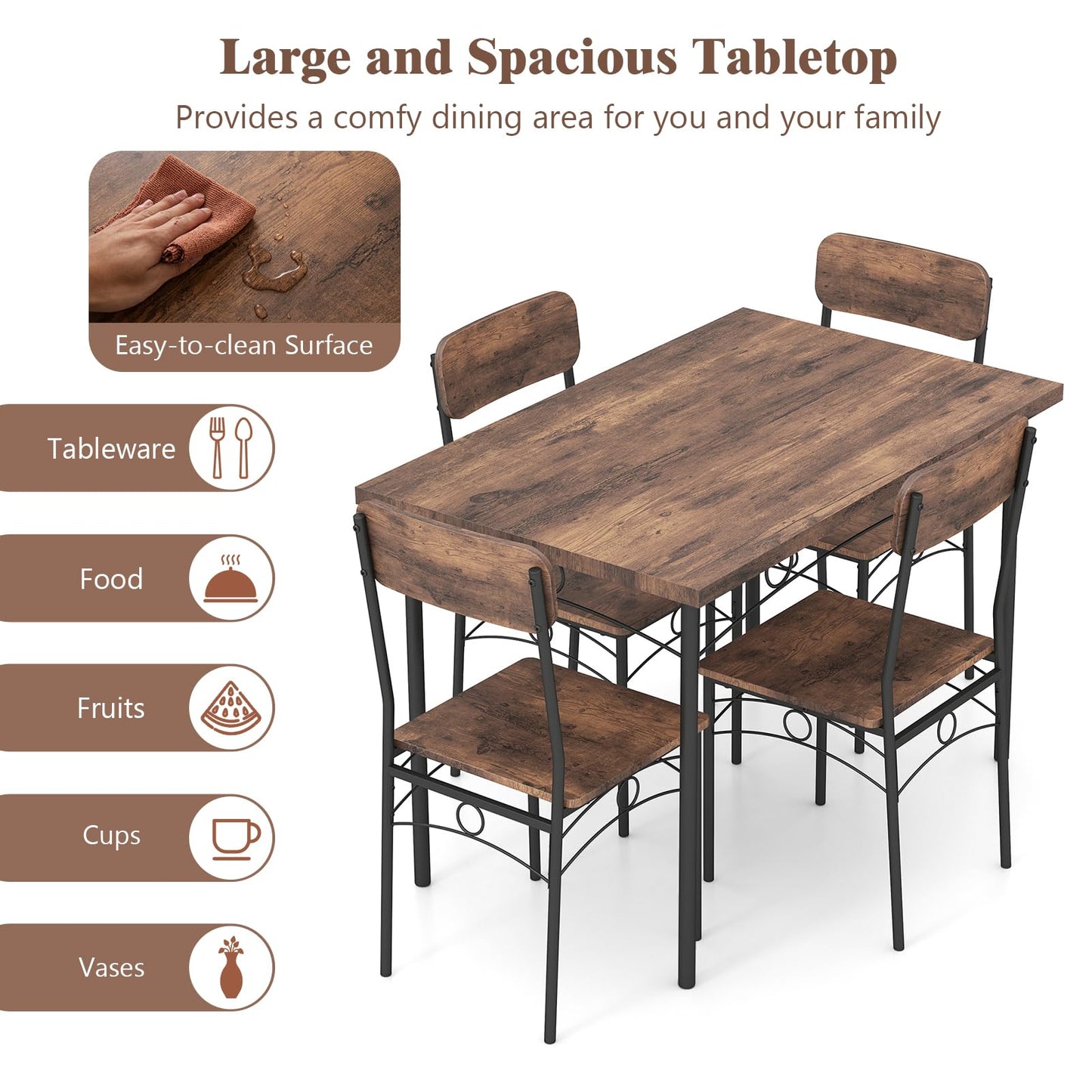 5-Piece Dining Table Set Industrial Metal Frame with Rectangular Table