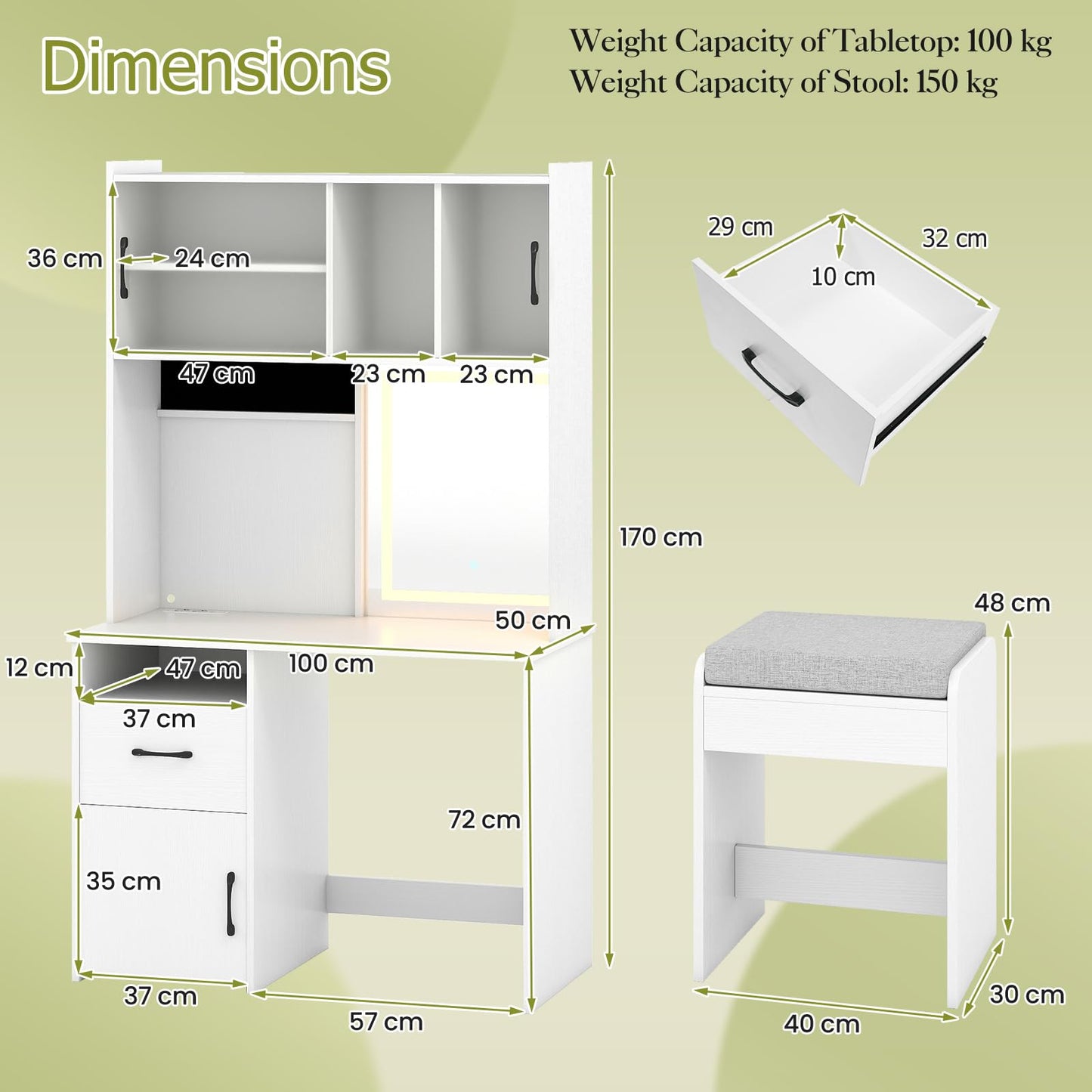 Dressing Table with LED Mirror and Stool, Wooden Makeup Table Vanity Desk Set