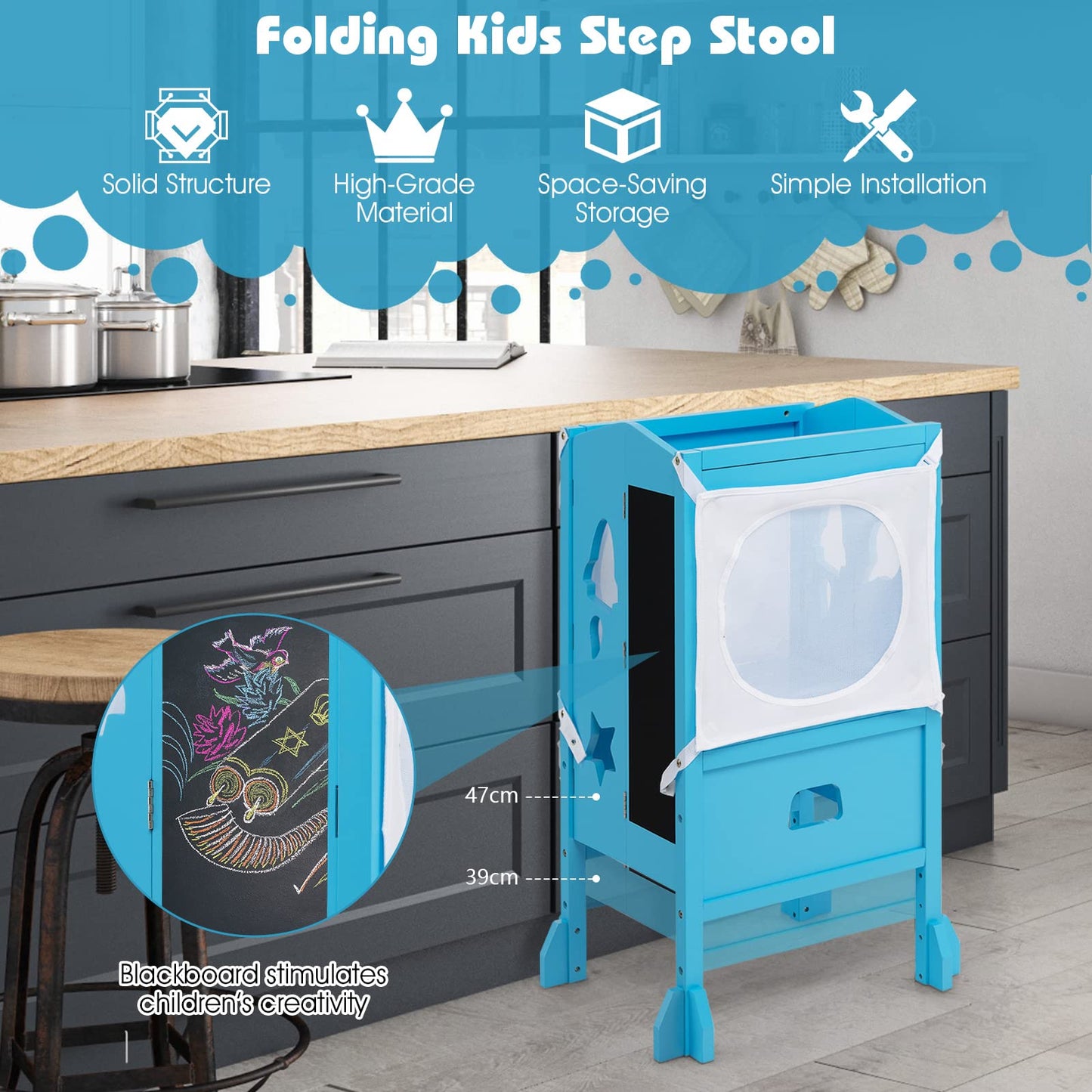 Height Adjustable Toddler Kitchen Helper with Blackboard