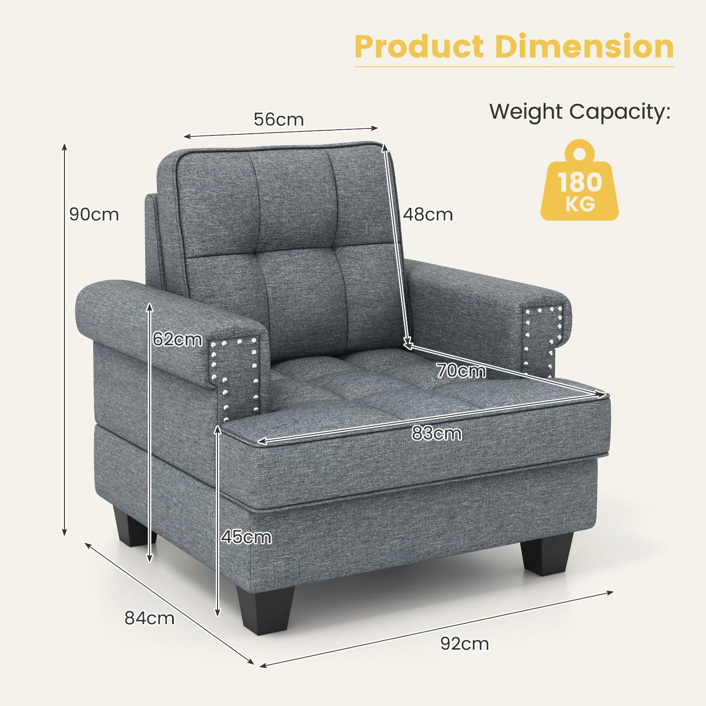 Mid-century Modern Accent Armchair Tufted Linen Club Chair with Extra Pillow