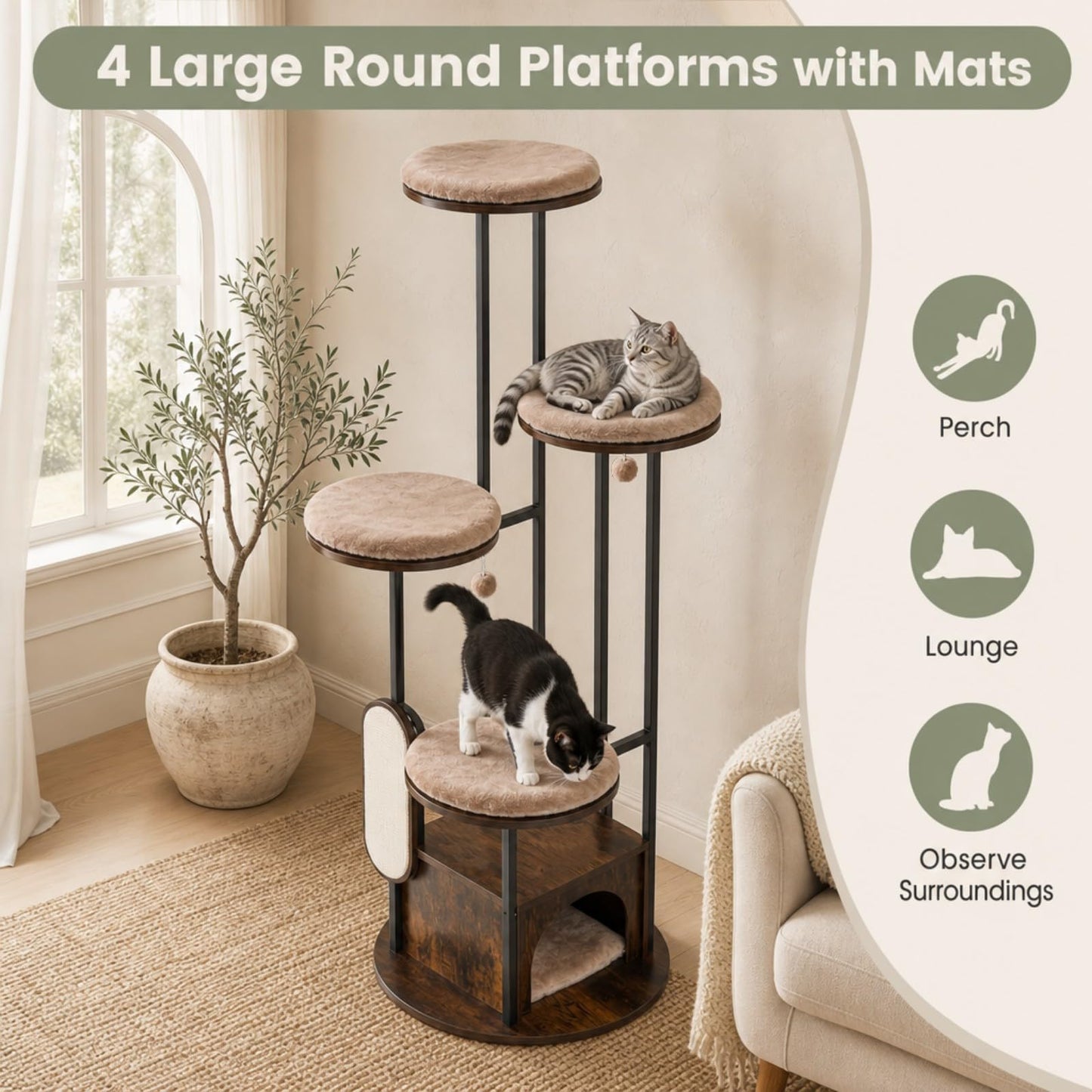 183cm Tall Multi-Level Cat Tree, Morden Cat Tower