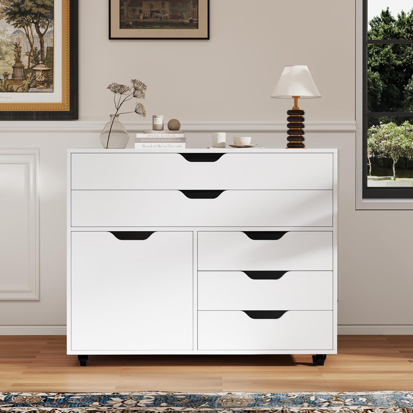 5-Drawer Chest with Door Mobile Chest of Drawers with 5 Casters