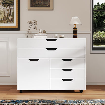5-Drawer Chest with Door Mobile Chest of Drawers with 5 Casters