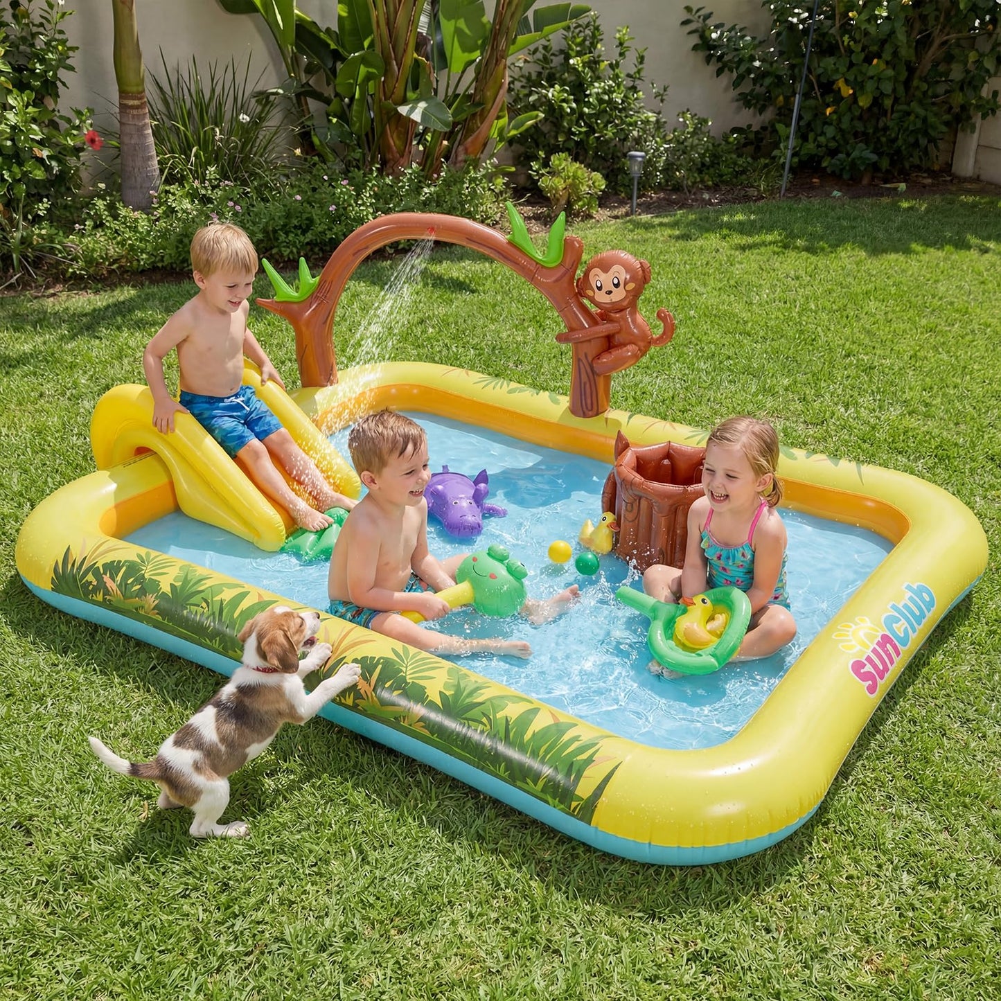 Inflatable Play Center, Jungle Animal Spray Paddling Pool with Slide & Sprinkle