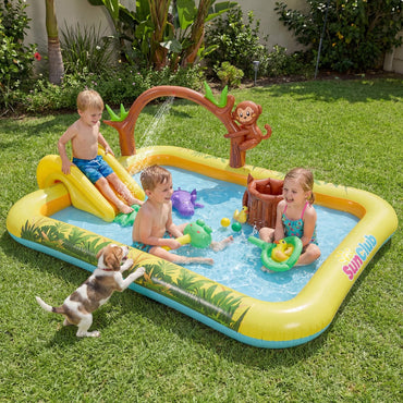 Inflatable Play Center, Jungle Animal Spray Paddling Pool with Slide & Sprinkle