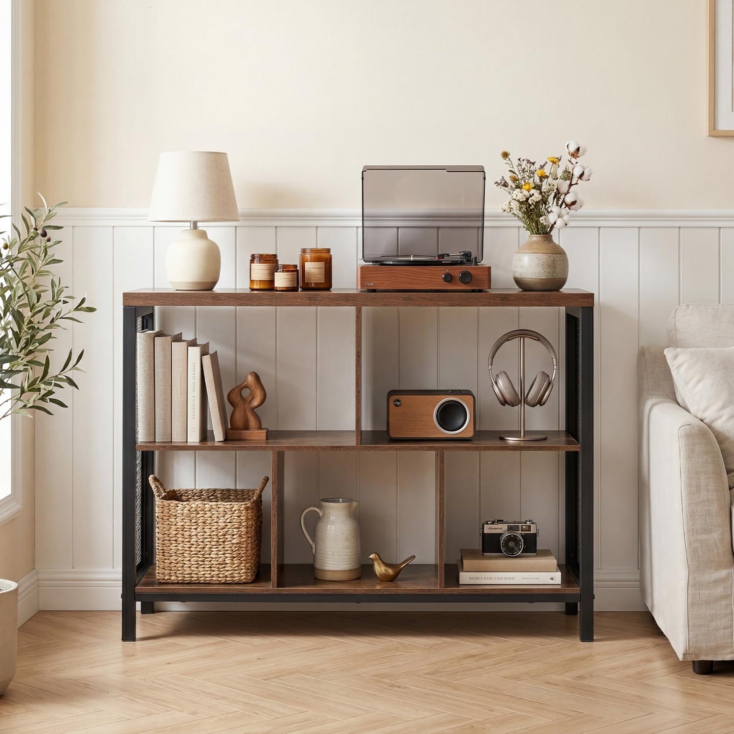 Storage Bookcase, Wooden Freestanding Bookshelf Side Cabinet with Metal Legs