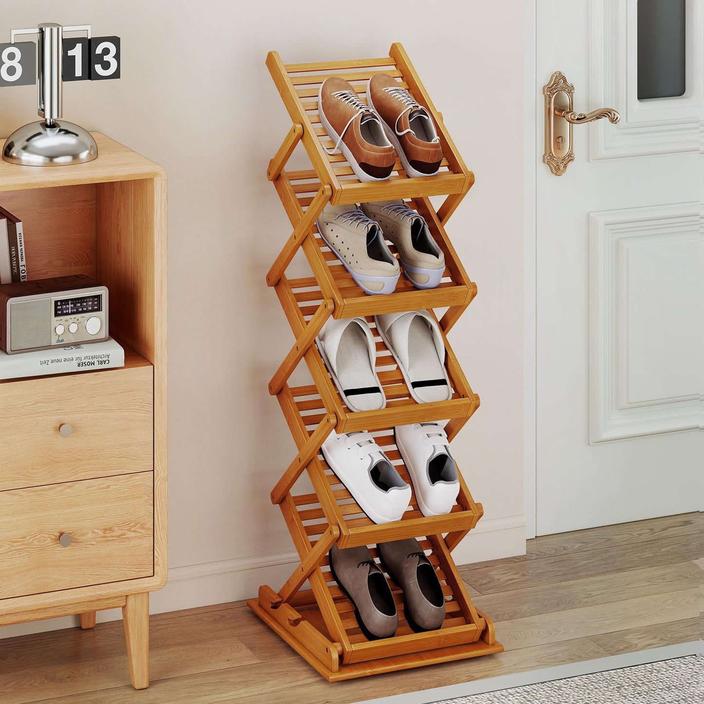 5 Tier Foldable Bamboo Magazine Rack with 2 Adjustable Positions