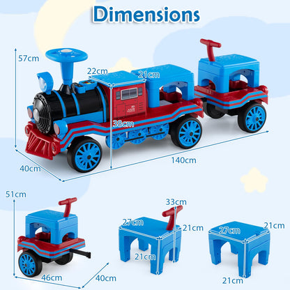 3-Seater Ride on Train Set Trackless with 2 Removable Chairs and Train Whistle