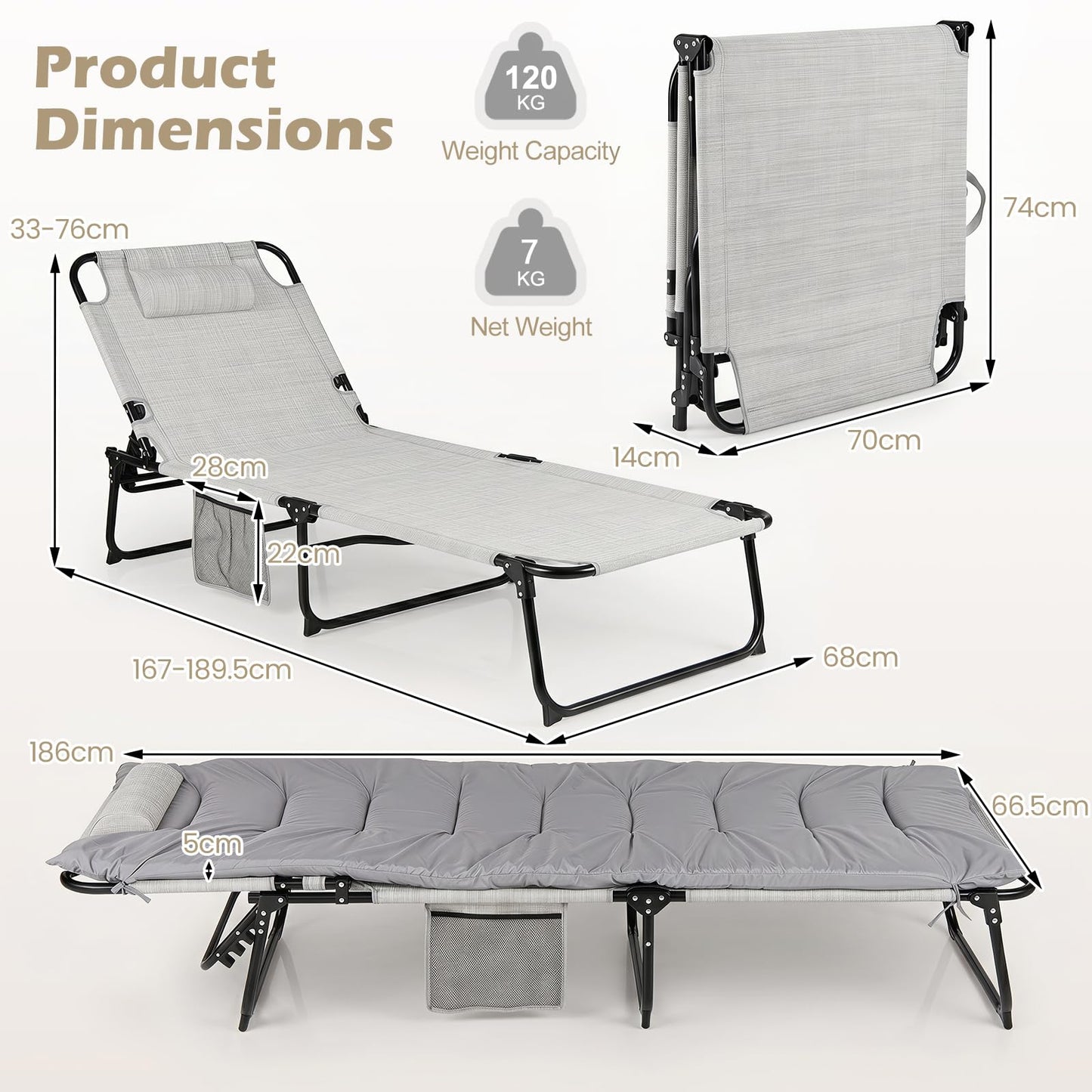 Garden Sunbed Sunbathing Recliner Outdoor Chaise Lounge Chair