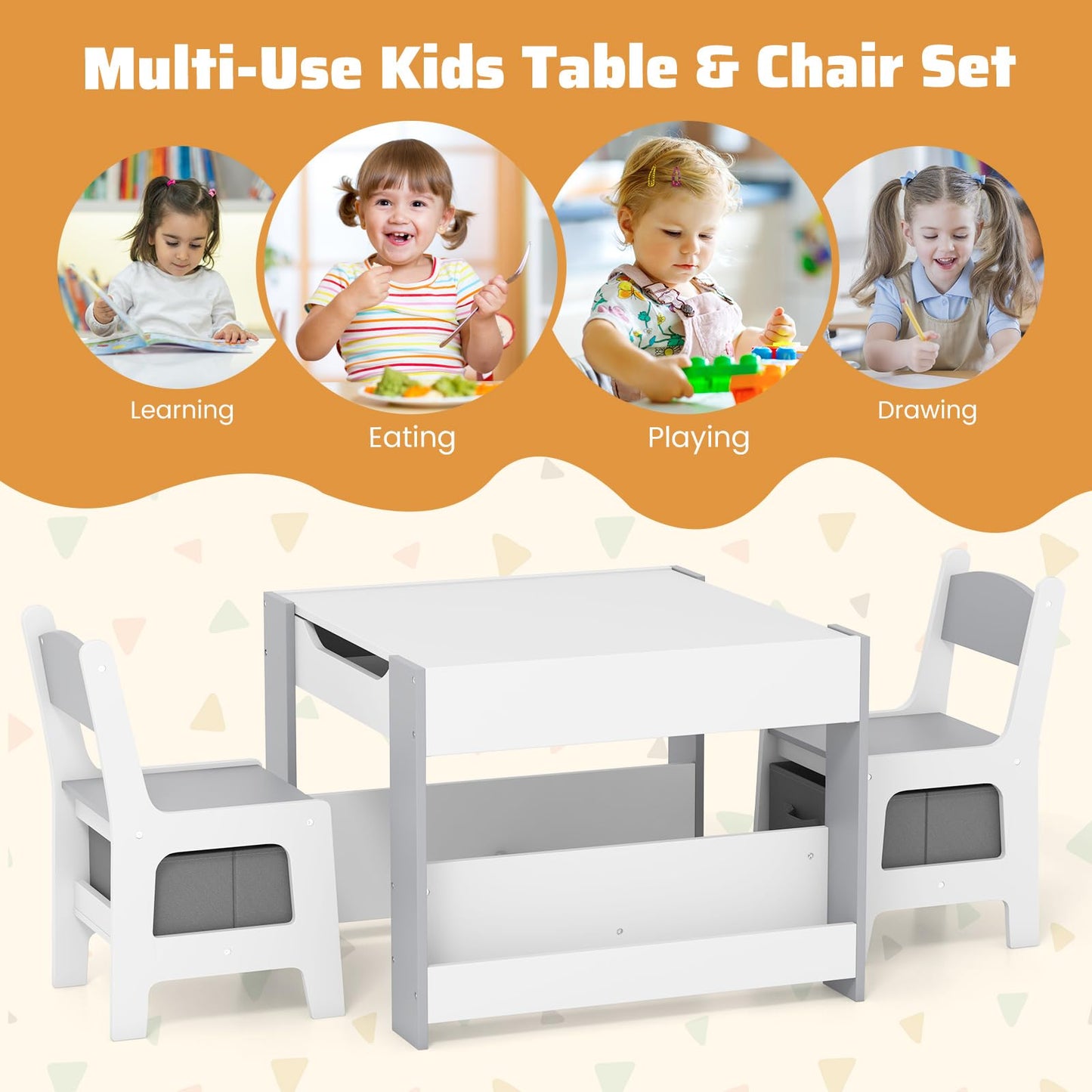 4 in 1 Kids Table and Chairs Set with Reversible Tabletop and Bookshelves