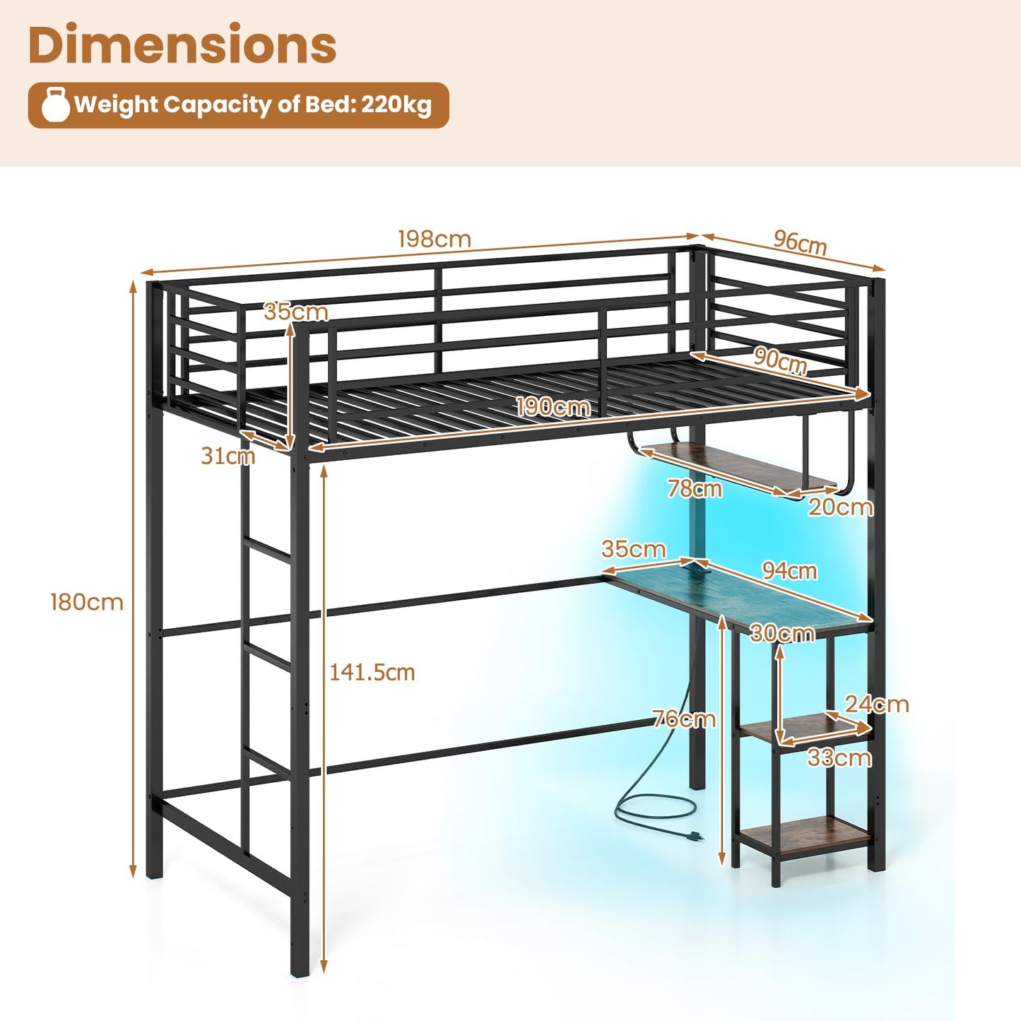 Metal Bunk Bed with Desk, RGB LED Lights, Charging Station