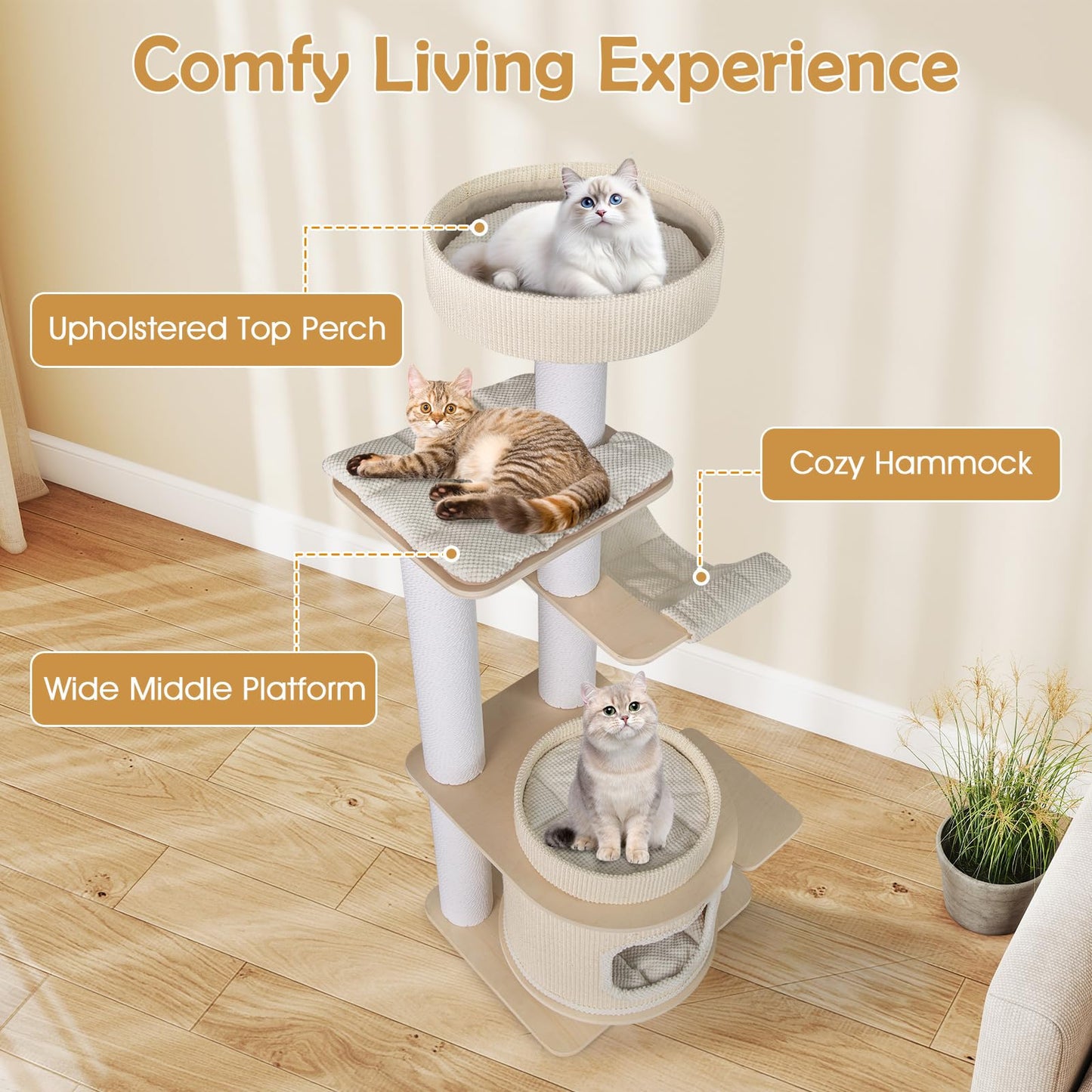 Cat Tree, Tall Multi-Layer Cats Tower with Comfy Padded Top Perch