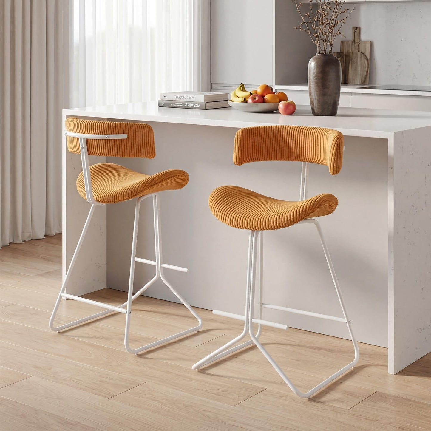 Bar Stools Set of 2, Fabric/PU Leather Upholstered Bar Chairs with Curved Back