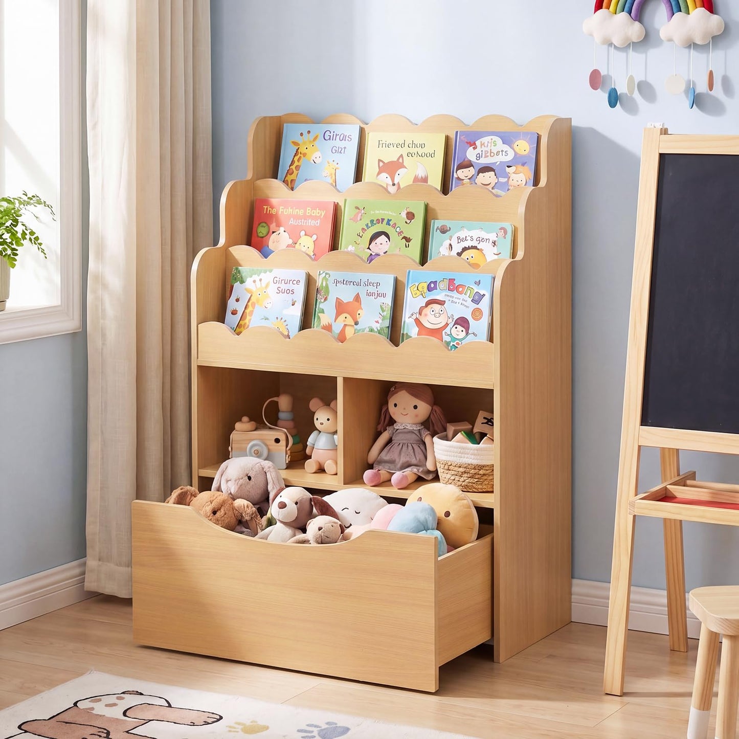 5-Tier Kids Bookshelf with Shelves & Rolling Drawer for Nursery Playroom
