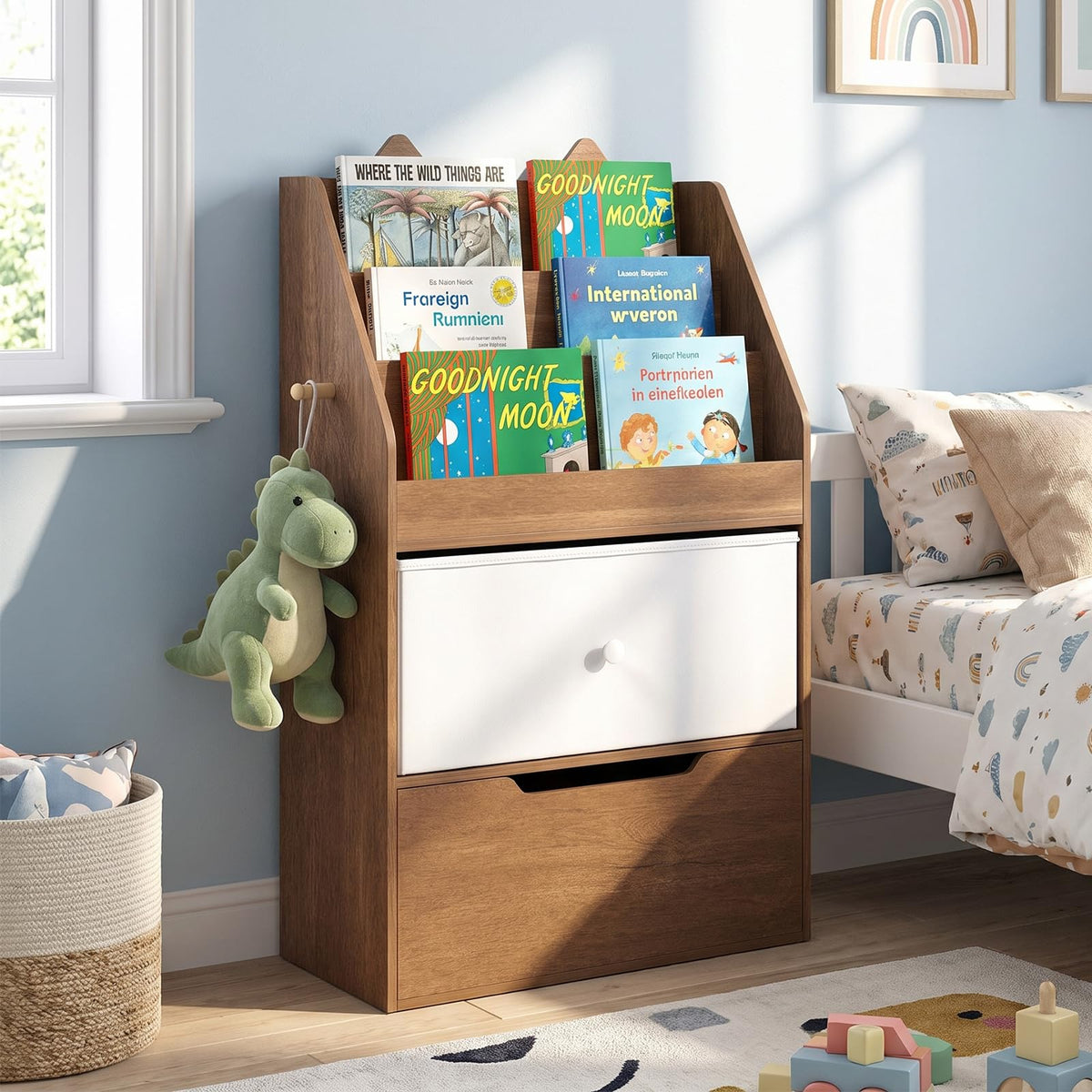 Kids Bookshelf, Wooden Children Bookcase with Drawer