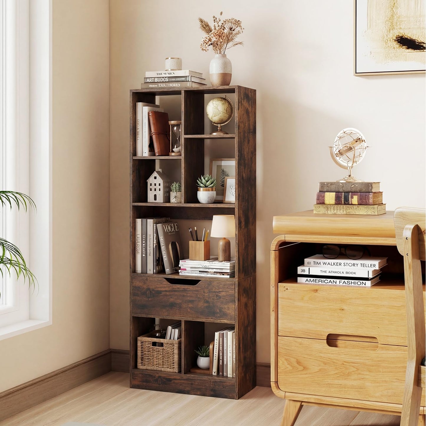 Tall Bookcase with Drawer, Floor Display Rack Storage Organizer for Living Room, Study, Home Office