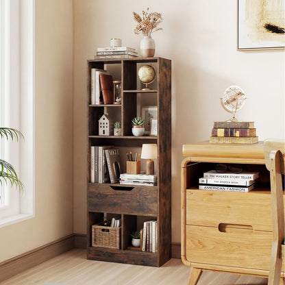 Tall Bookcase with Drawer, Floor Display Rack Storage Organizer for Living Room, Study, Home Office