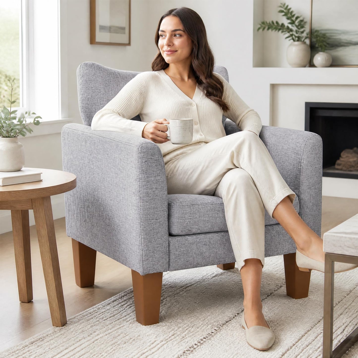 Wingback Armchair, Linen Fabric Accent Chair with Pillow