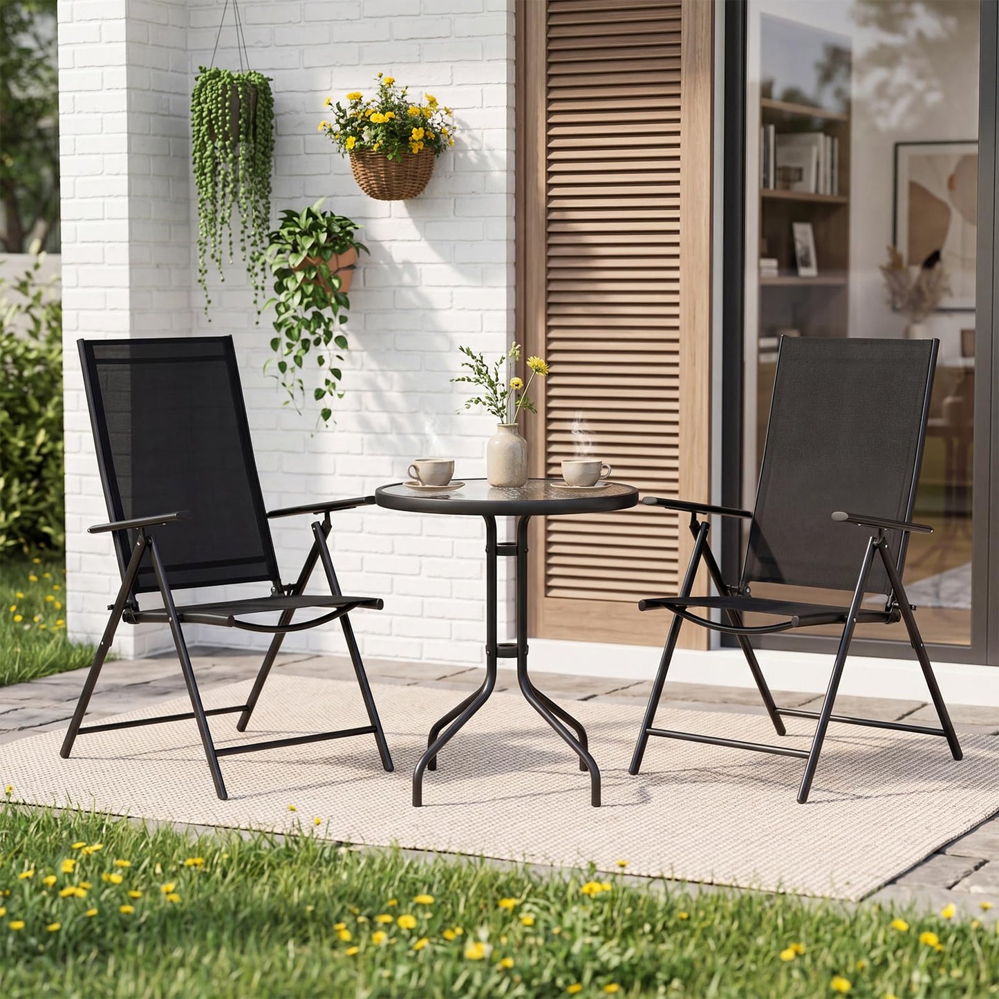 3 Piece Patio Bistro Set with Tempered Glass Coffee Table and Heavy Duty Metal Frame
