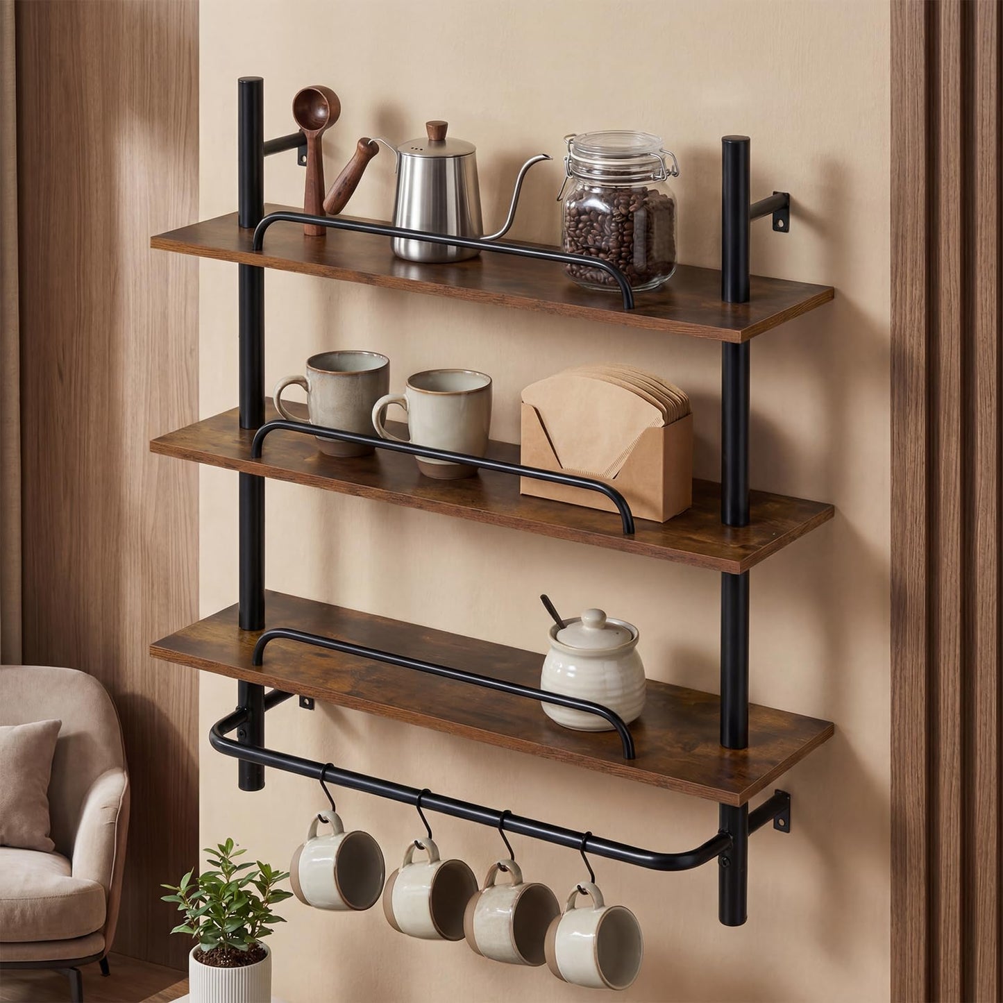 3-Tier Industrial Floating Shelves for Wall with 4 S-Shaped Hooks