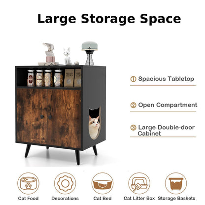 Hidden Cat Litter Box Enclosure, Wooden Kitty House End Table with Open Shelf