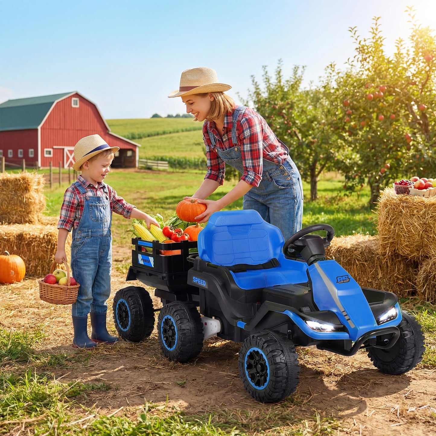 24V Ride on Tractor with Trailer, Kids Electric Car