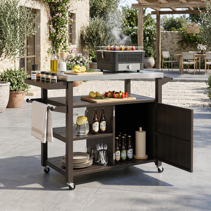 Outdoor Grill Cart Movable Prep Table with Storage Cabinet