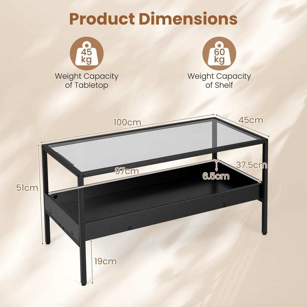2-Tier Coffee Table with Tempered Glass Top & Storage Shelf