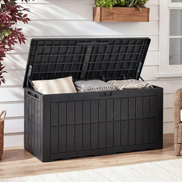 Garden Storage Box, Waterproof Resin Deck Box Bench with Lockable Lid & Handles