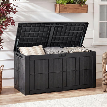 Garden Storage Box, Waterproof Resin Deck Box Bench with Lockable Lid & Handles