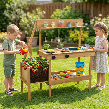 Wooden Chef Pretend Kitchen Playset with Planter Box, Stoves, Sink