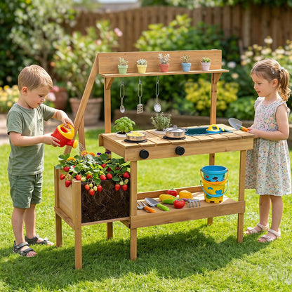 Wooden Chef Pretend Kitchen Playset with Planter Box, Stoves, Sink