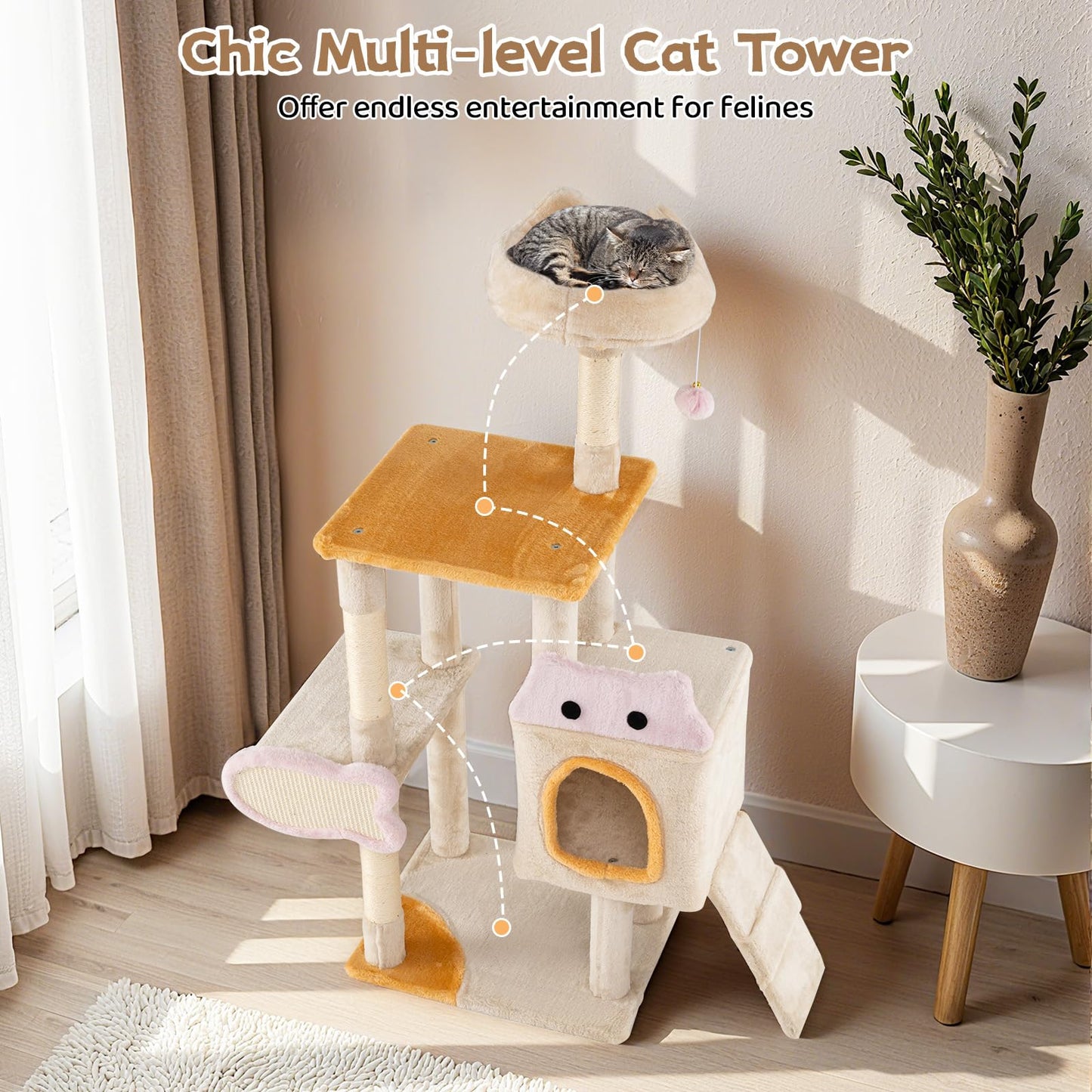 Cat Tree, 125cm Tall Modern Cats Tower with Plush Perch, Condo, Platforms