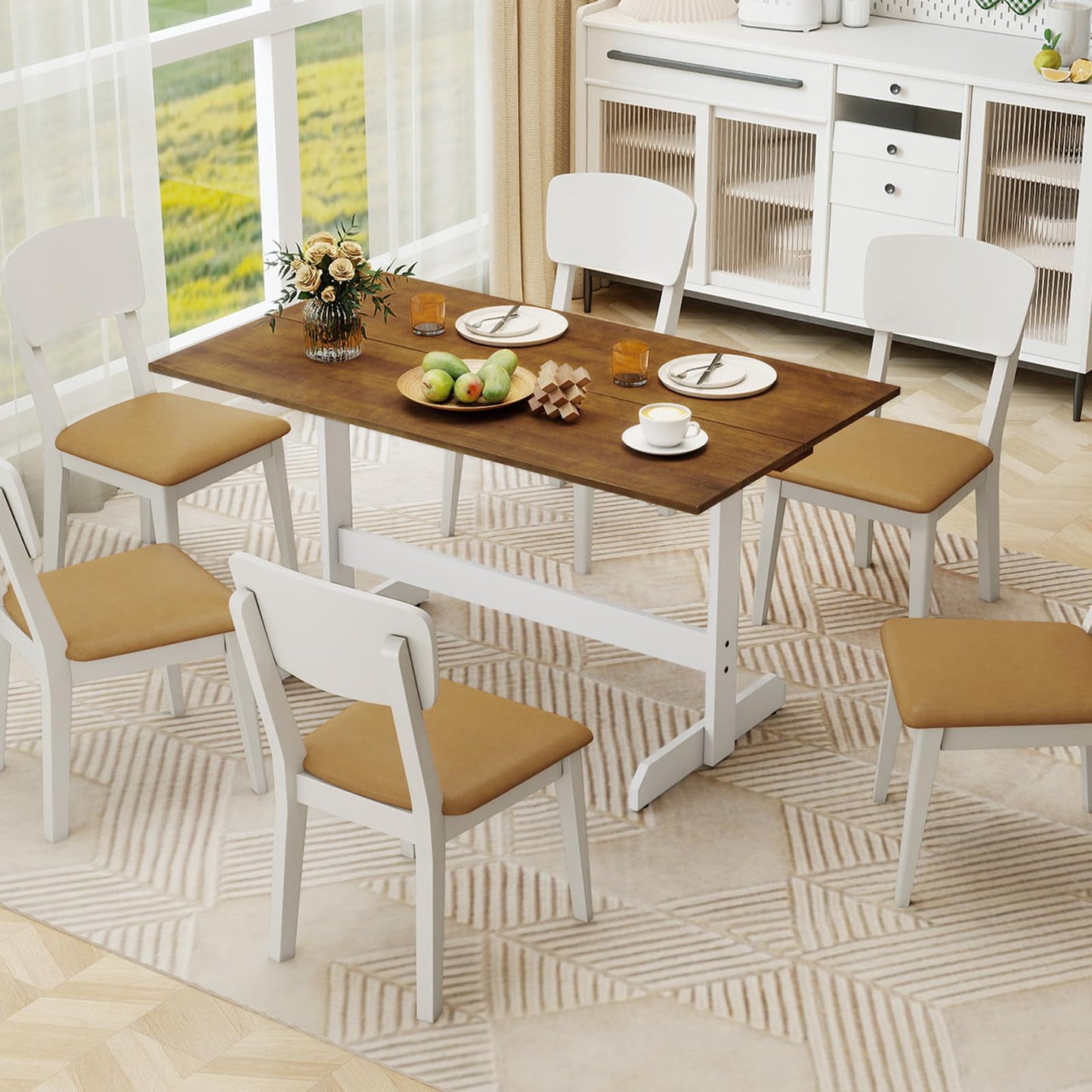 Dining Table for 4-6 People Rectangular Kitchen Table with Solid Wood Trestle Base