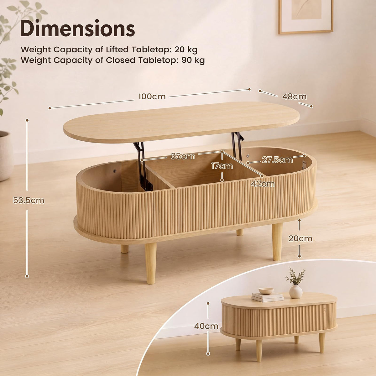 Oval Lift Top Coffee Table with Storage Fluted Design and Raised Wood Feet