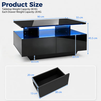 90 CM High LED Coffee Table with 2 Storage Drawers and 20-Color LED Lights