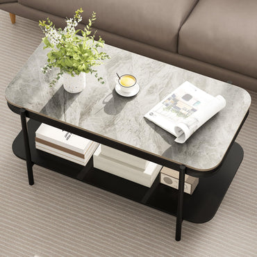 2-Tier Coffee Table, Rectangular Center Cocktail Table with Sintered Stone Tabletop