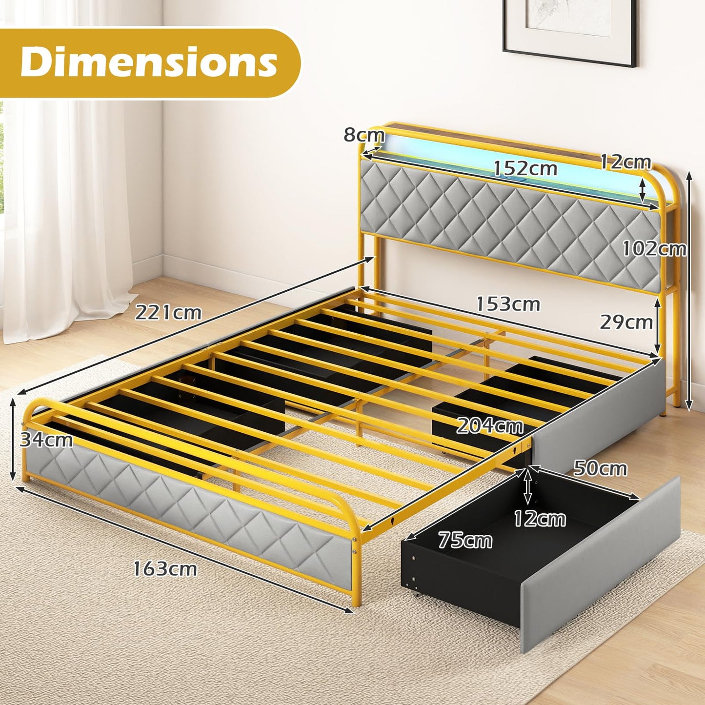 5FT King Size Bed Frame with RGB LED Lights, Charging Station