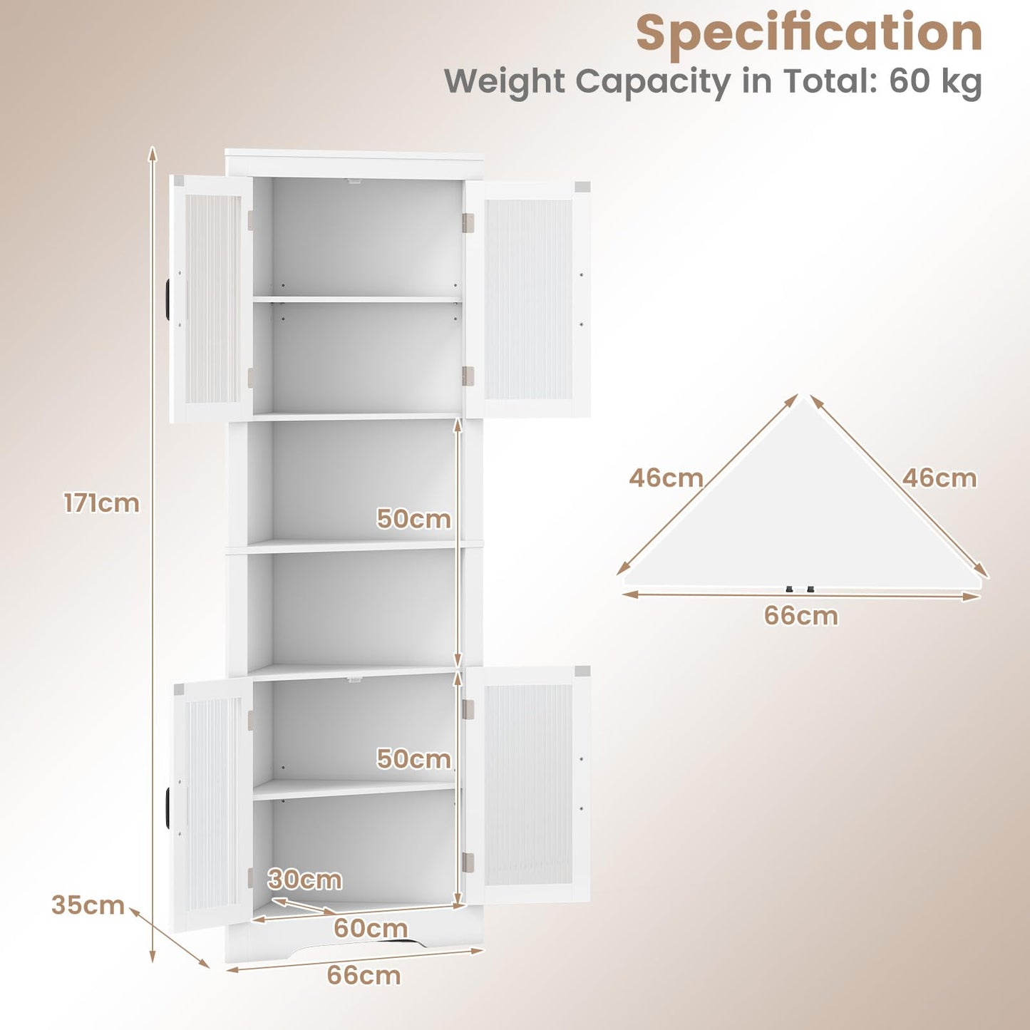 171cm Tall Space-saving Corner Cabinet with 4 Tempered Glass Doors and Adjustable Shelves