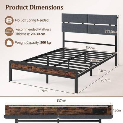 Double Bed Frame with LED Lights, Charging Station
