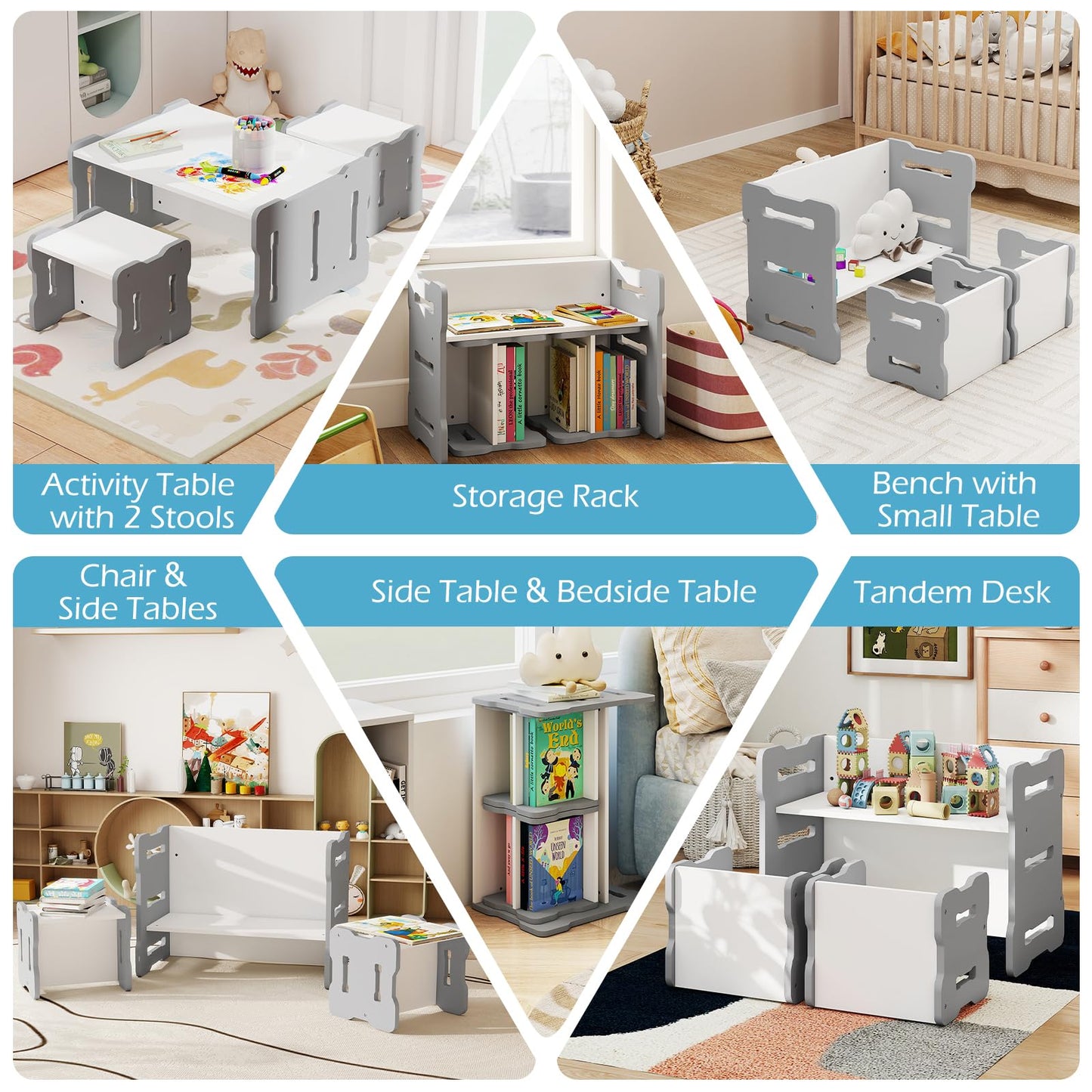 Kids Table and Chair Set 3-Piece Toddler Set with 2 Stools and Activity Table