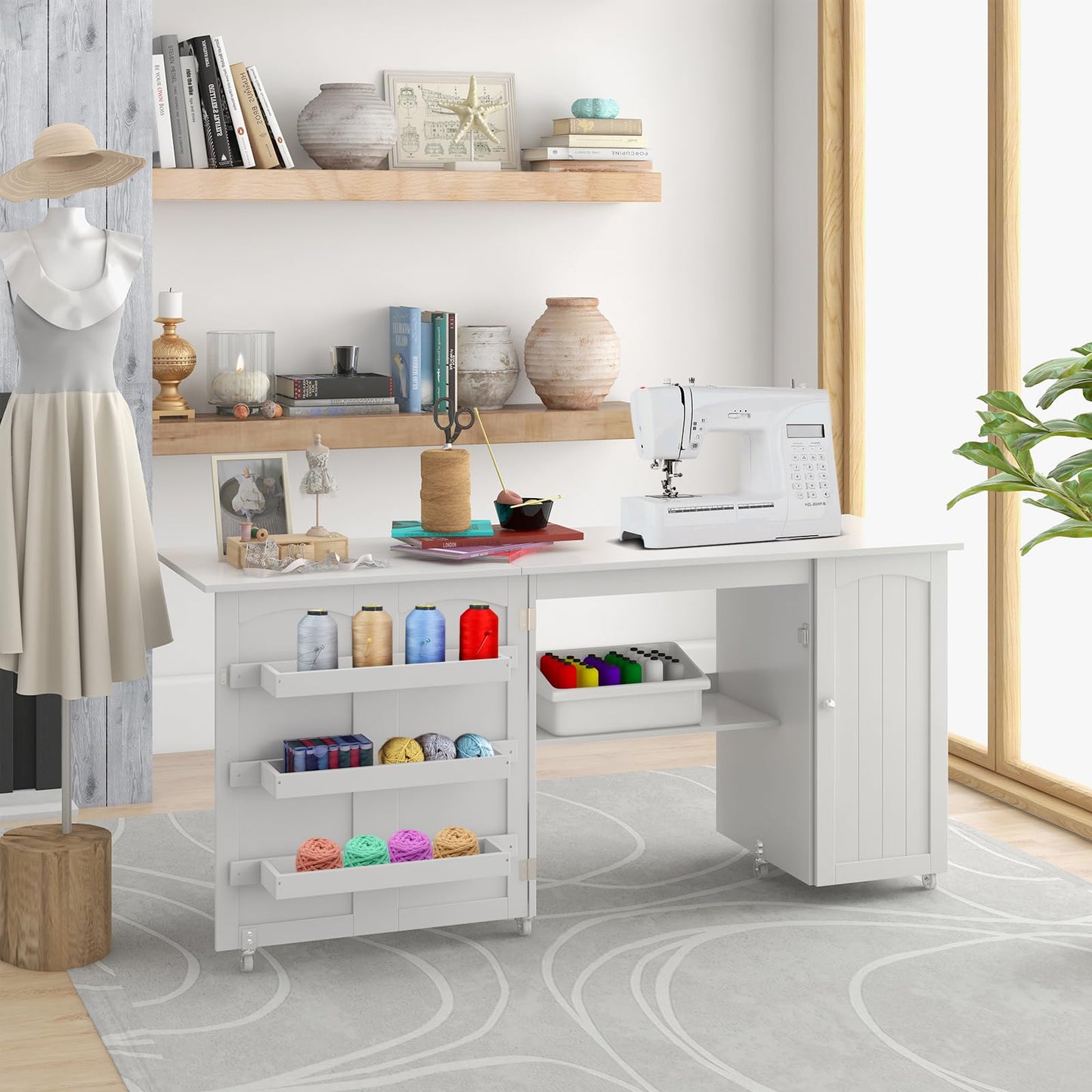 Rolling Folding Sewing Table with Storage Shelves