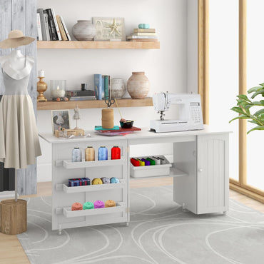 Rolling Folding Sewing Table with Storage Shelves