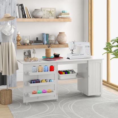 Rolling Folding Sewing Table with Storage Shelves