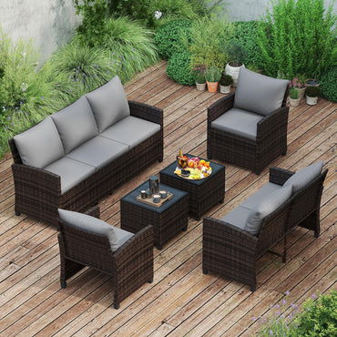 9 Seater Rattan Garden Furniture Set, Patio Conversation Set with 3-Seat Sofa, Loveseat, 2 Chairs, 2 Footstools & Cushions