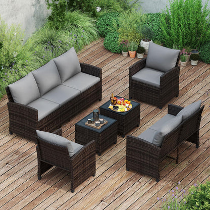 9 Seater Rattan Garden Furniture Set, Patio Conversation Set with 3-Seat Sofa, Loveseat, 2 Chairs, 2 Footstools & Cushions